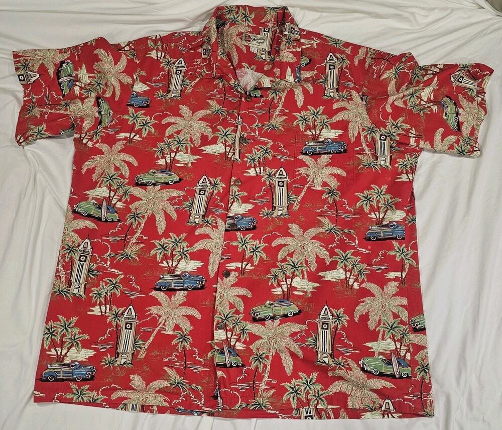 Hilo Hattie Hawaiian Shirt Mens 3XL Red Woodie Car Tropical Camp Button Down